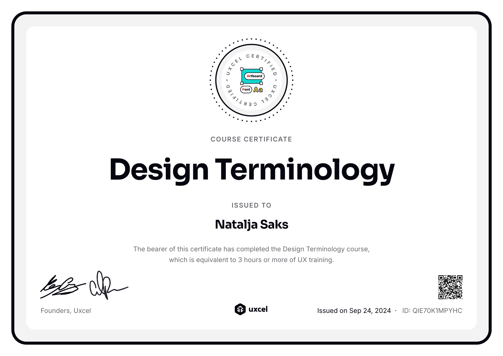 Natalja Saks's certificate